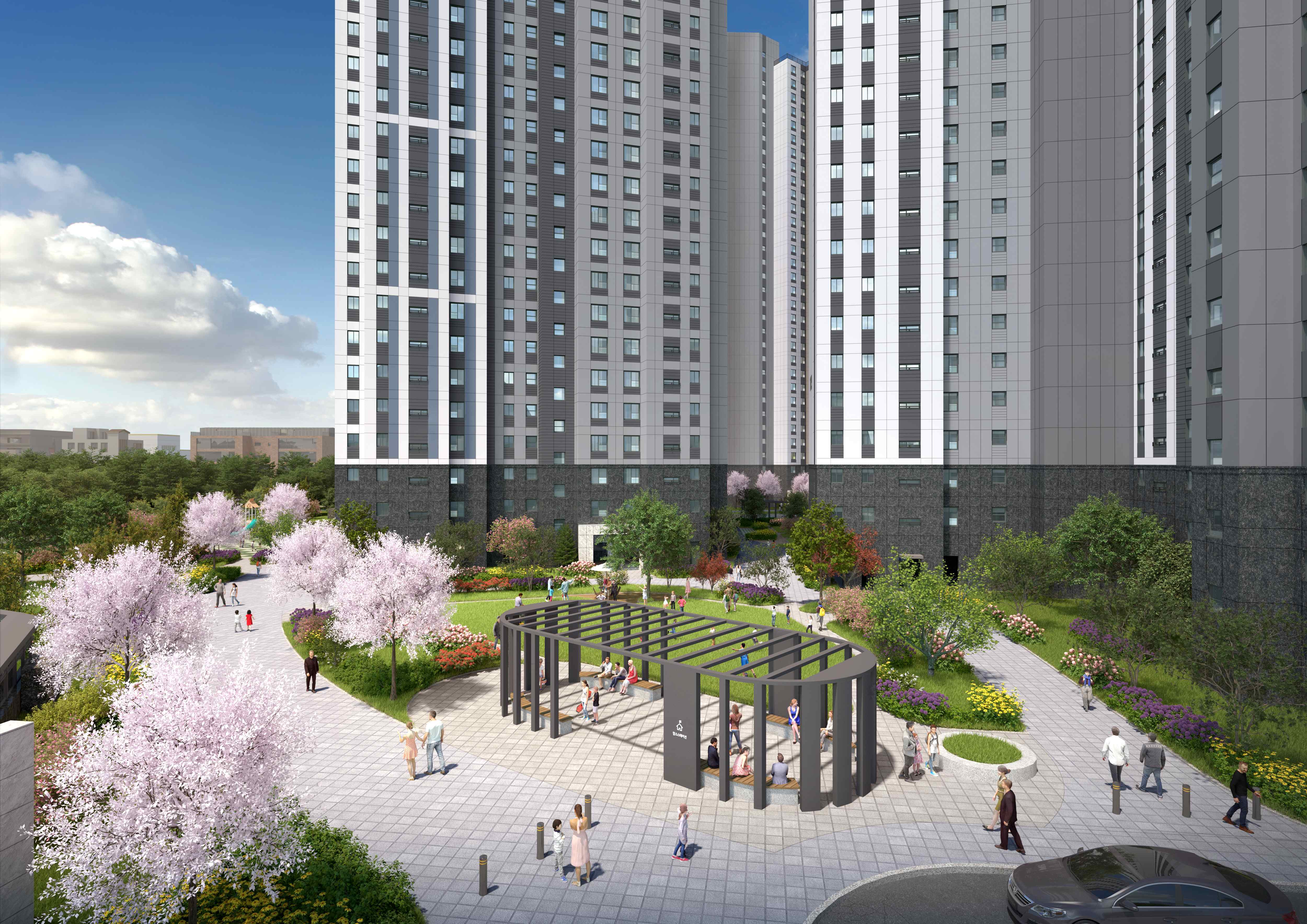 두산위브 더센트럴 도화 조경 - 중앙 정원 및 벚꽃나무가 있는 커뮤니티 공간