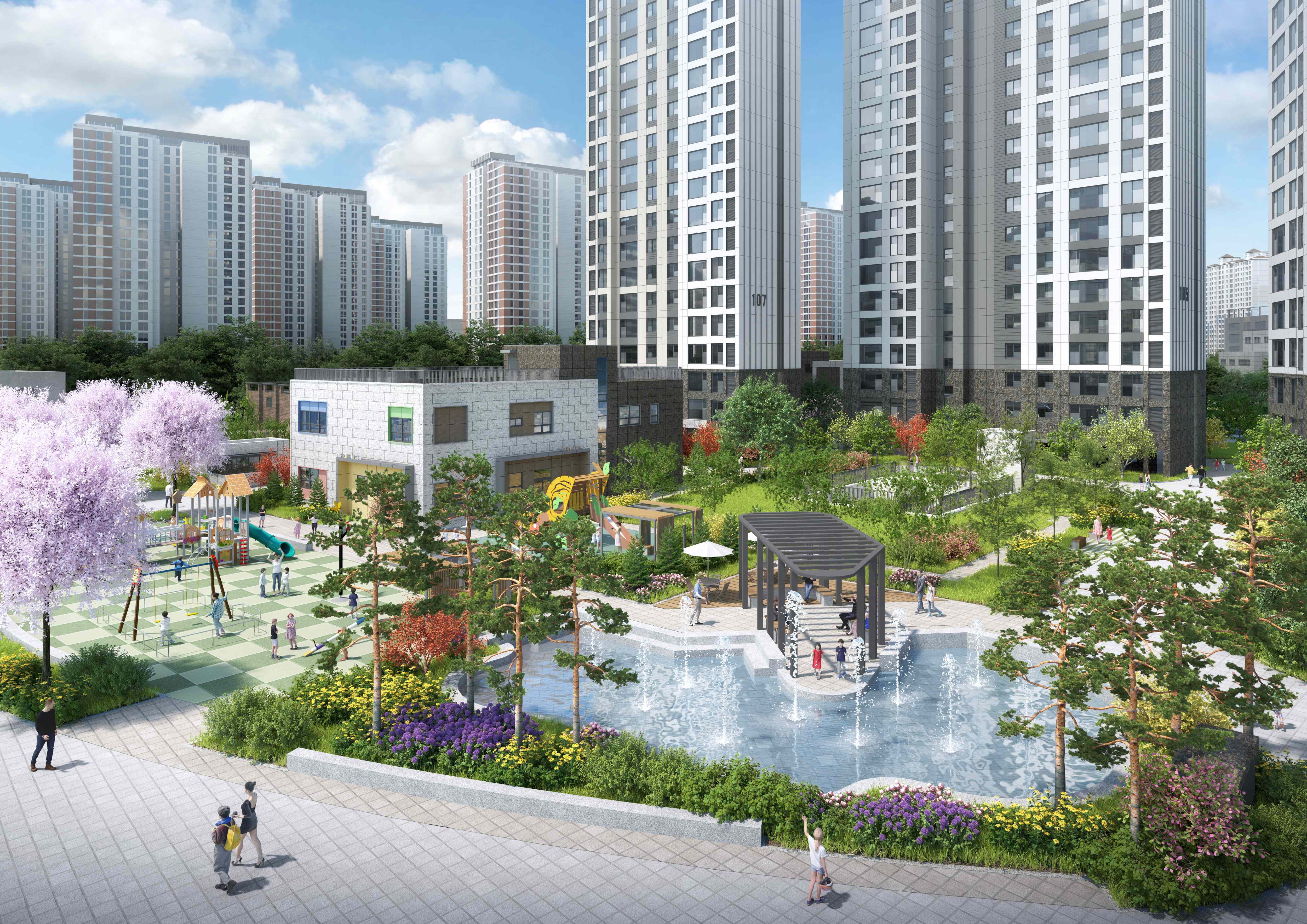 두산위브 더센트럴 도화 조경 - 수경시설 및 놀이터가 있는 커뮤니티 공간